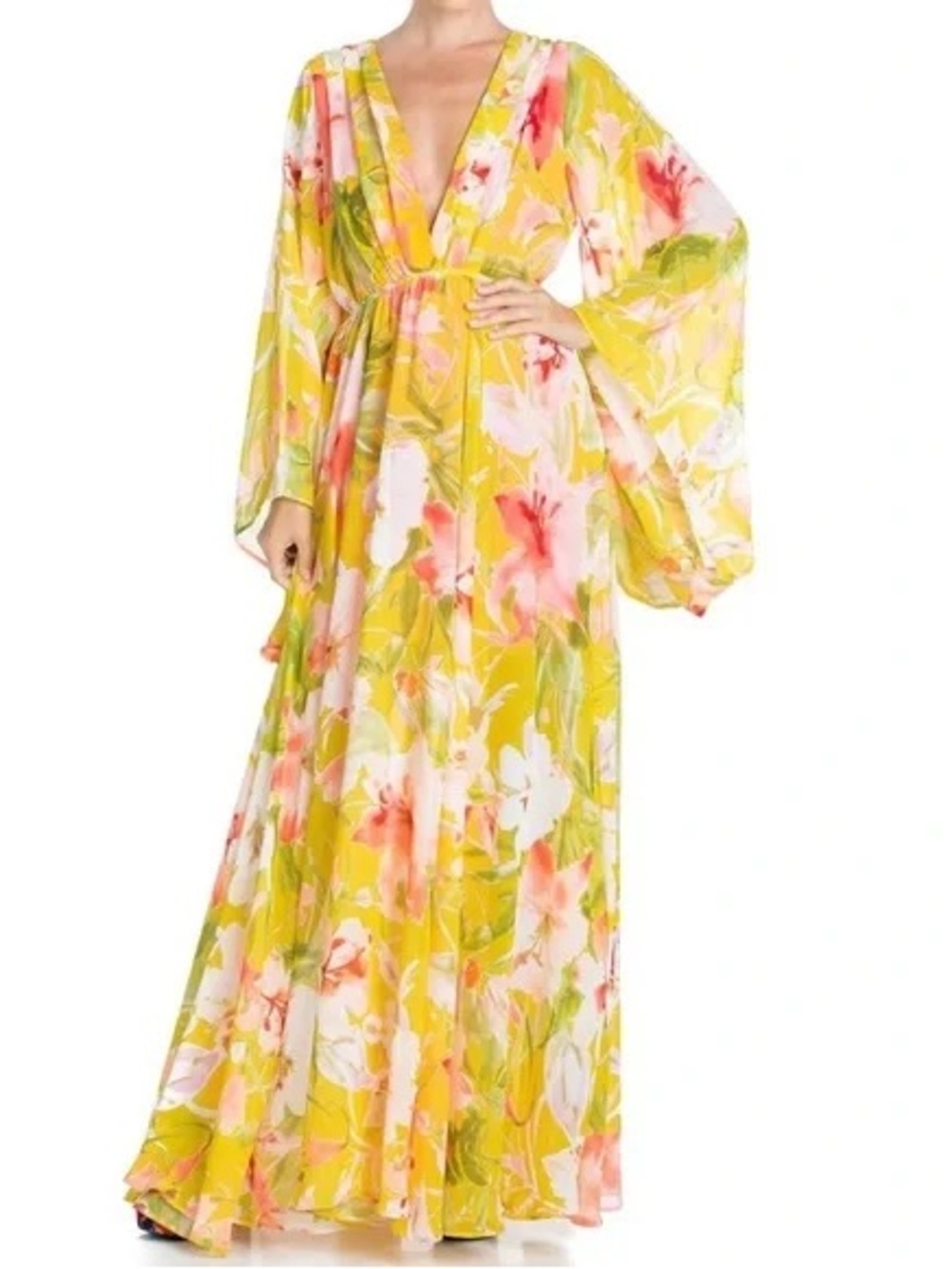 Meghan LA Yellow Floral Maxi Dress with V-Neck